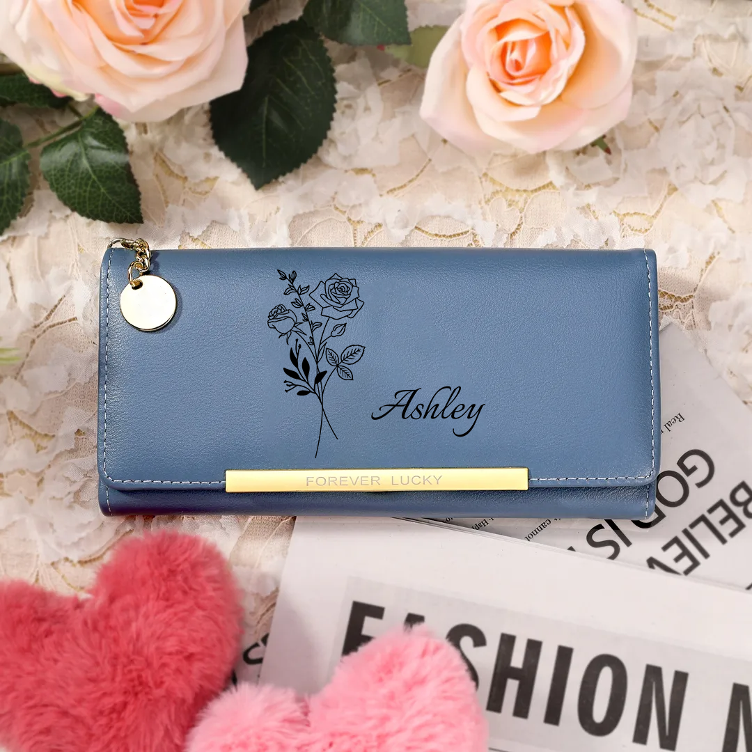 🔥HOT!Portefeuille Personnalisé en cuir PU avec Fleur de Naissance et Prénom Porte-monnaie pour Femme | Jessemade