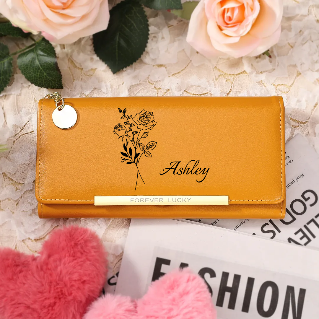 🔥HOT!Portefeuille Personnalisé en cuir PU avec Fleur de Naissance et Prénom Porte-monnaie pour Femme | Jessemade