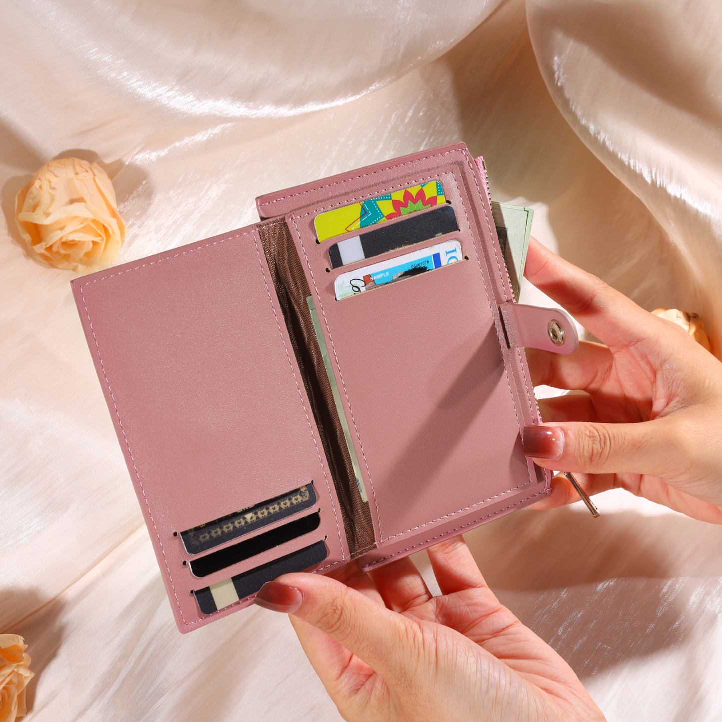 Portefeuille long en cuir PU 1 Prénom personnalisé avec fleur de naissance Cadeau pour femme Rose | Jessemade