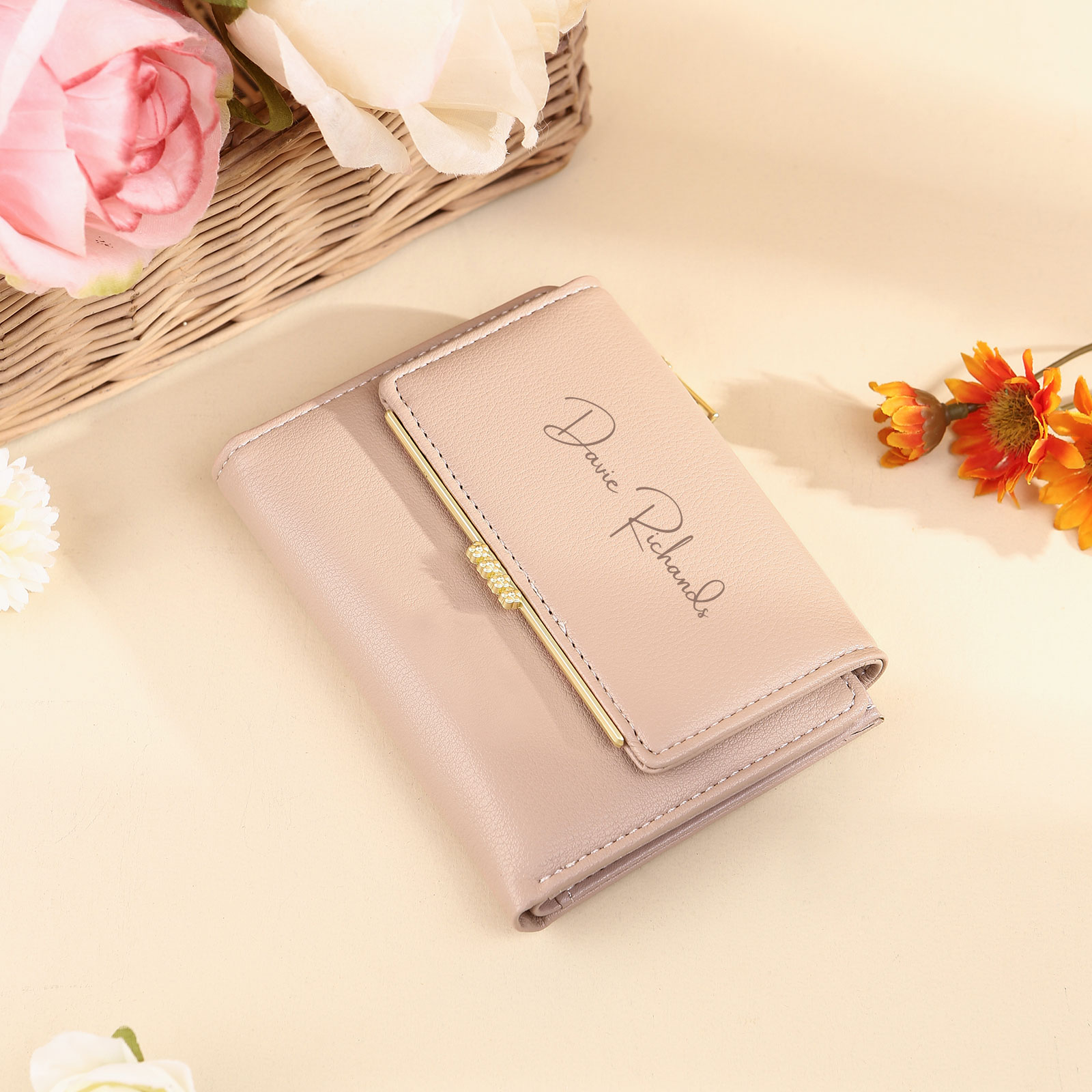 [Copy]Portefeuille long en cuir PU 1 Prénom personnalisé avec fleur de naissance Cadeau pour femme | Jessemade
