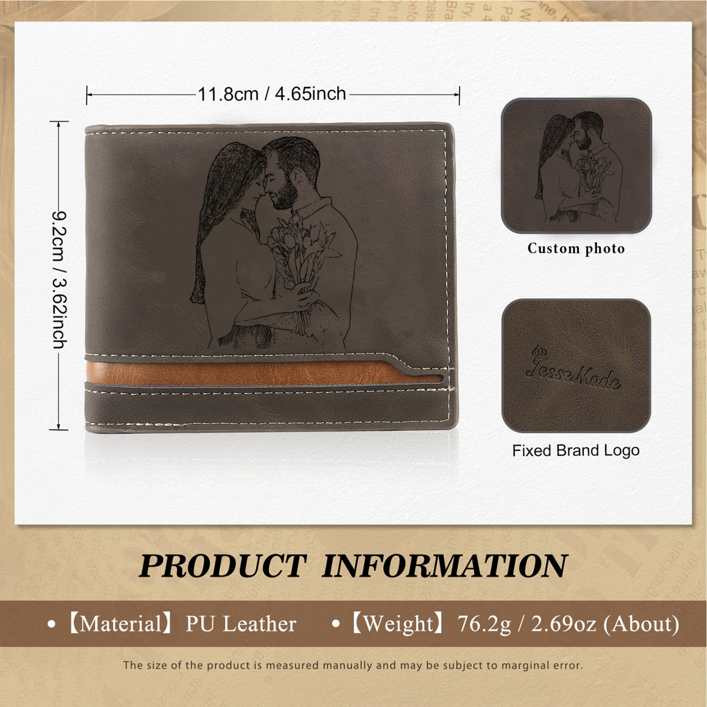 Coffret Cadeau 3PCS- Portefeuille Homme et Porte-Clés Photo et Texte Personnalisés et Stylo Coffret Cadeau Saint Valentin | Jessemade