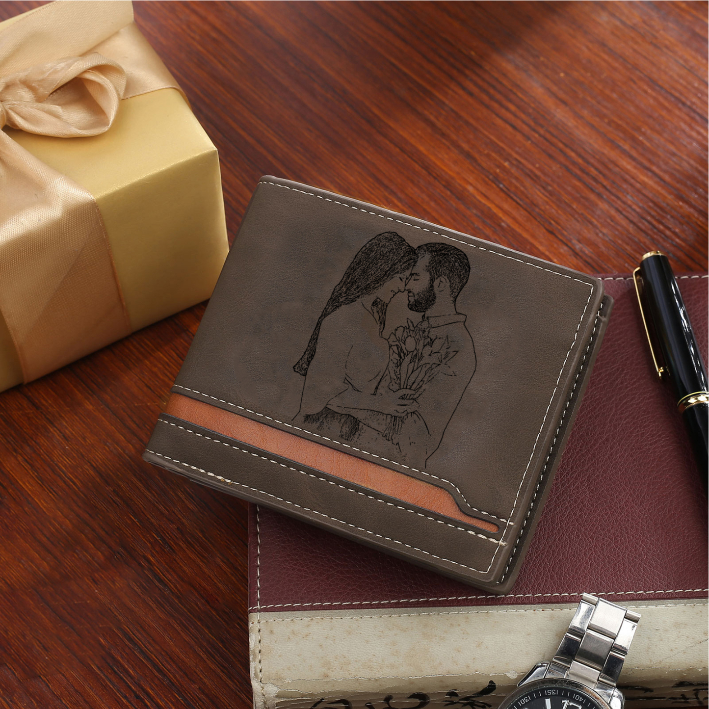 Coffret Cadeau 3PCS- Portefeuille Homme et Porte-Clés Photo et Texte Personnalisés et Stylo Coffret Cadeau Saint Valentin | Jessemade