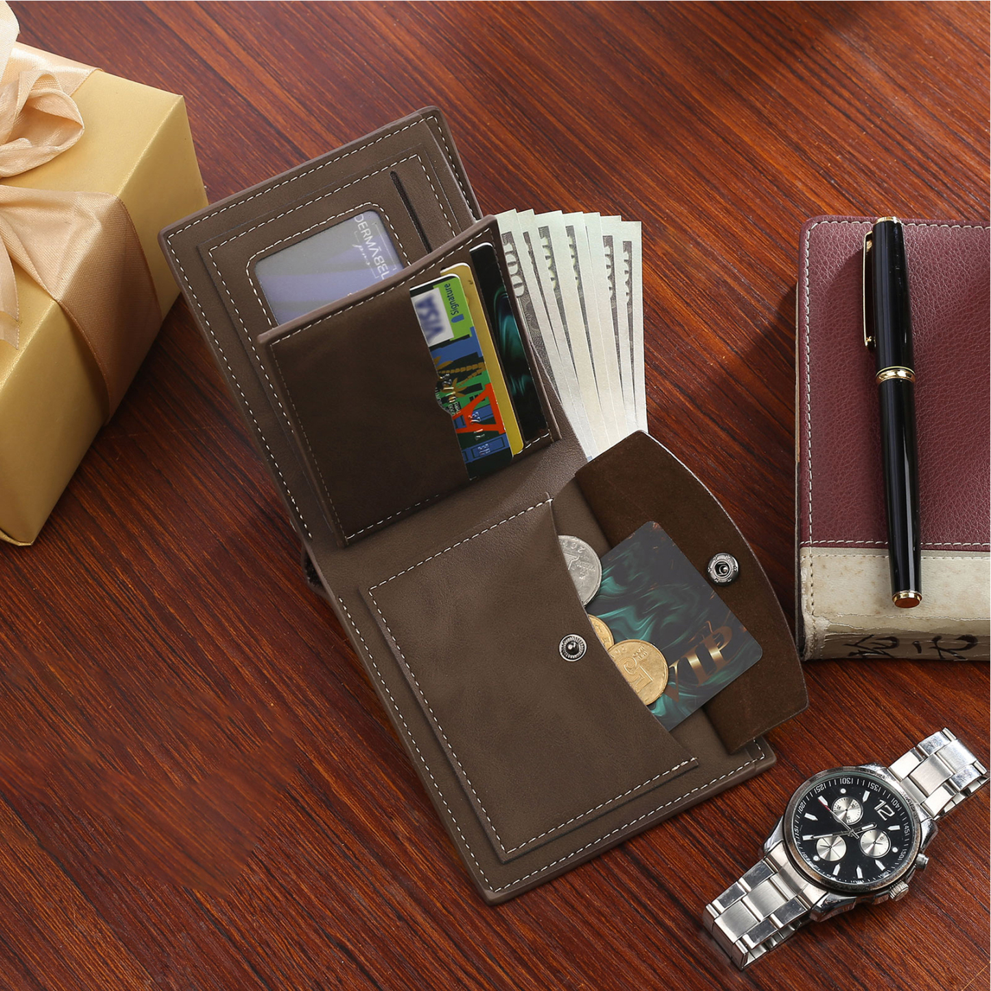 Coffret Cadeau 3PCS - Portefeuille cuir PU Stylo et Porte-Clés 1 Prénom et Lettre Personnalisés avec 2 Textes et 2 Photos Coffret Cadeau pour Homme | Jessemade