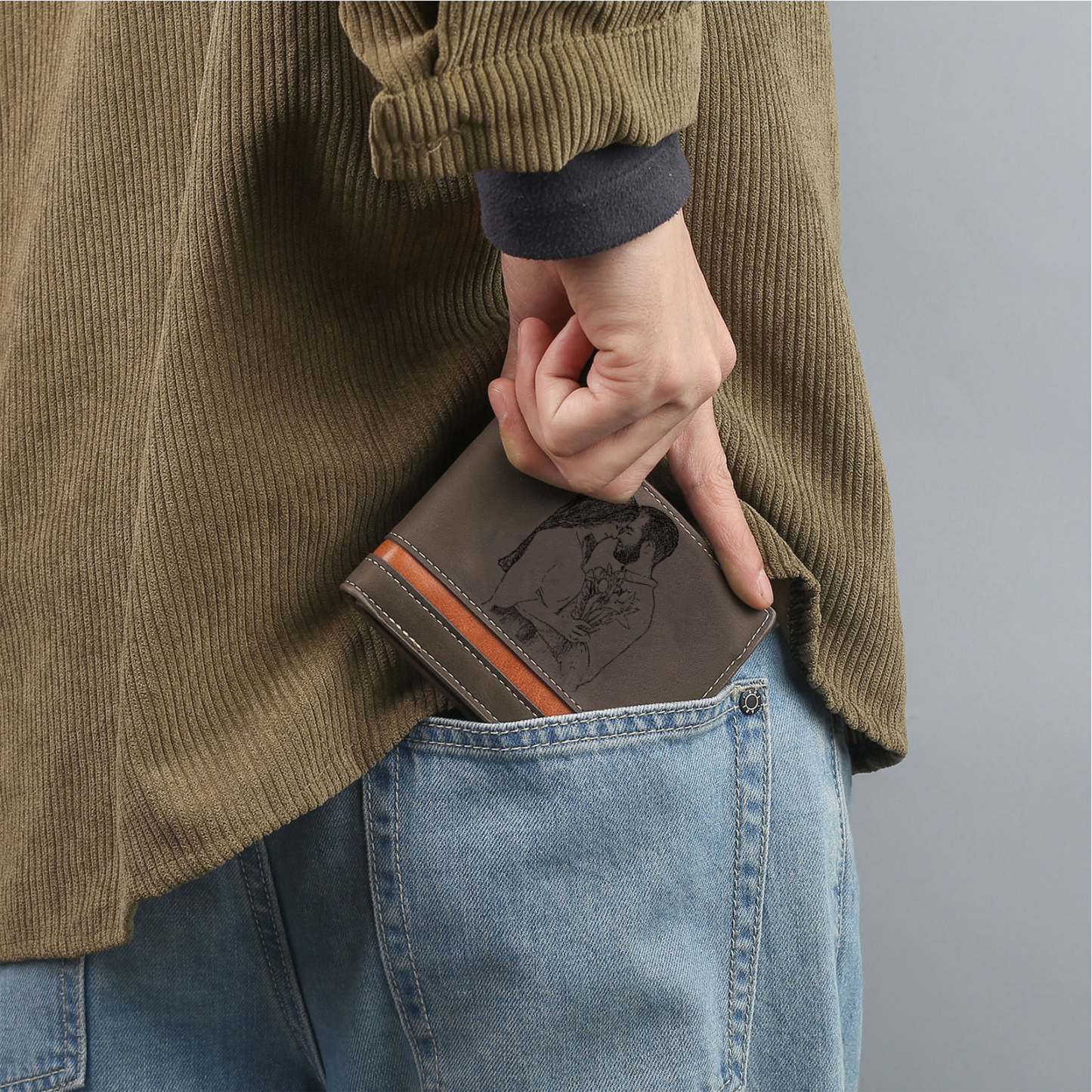 Coffret Cadeau 3PCS- Portefeuille Homme et Porte-Clés Photo et Texte Personnalisés et Stylo Coffret Cadeau Saint Valentin | Jessemade