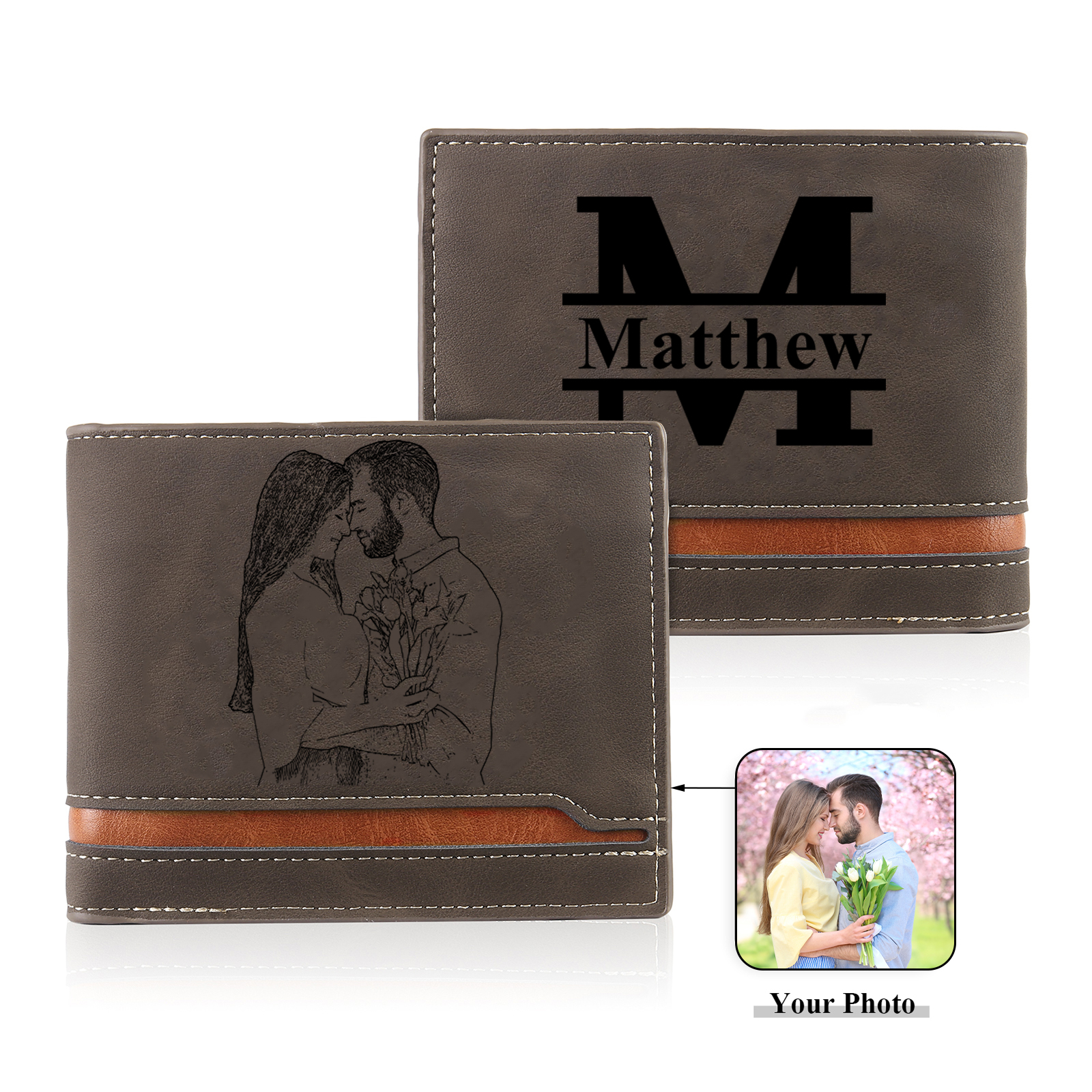 Coffret Cadeau 3PCS- Portefeuille Homme et Porte-Clés Photo et Texte Personnalisés et Stylo Coffret Cadeau Saint Valentin | Jessemade