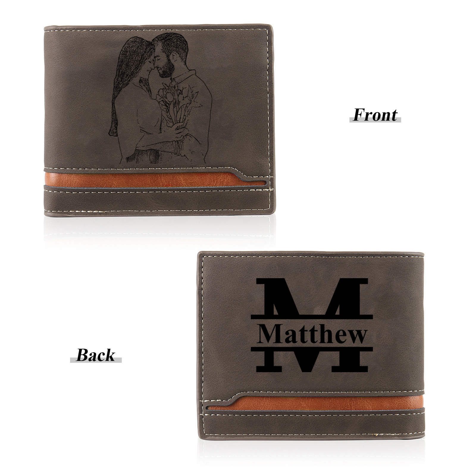 Coffret Cadeau 3PCS - Portefeuille cuir PU Stylo et Porte-Clés 1 Prénom et Lettre Personnalisés avec 2 Textes et 2 Photos Coffret Cadeau pour Homme | Jessemade