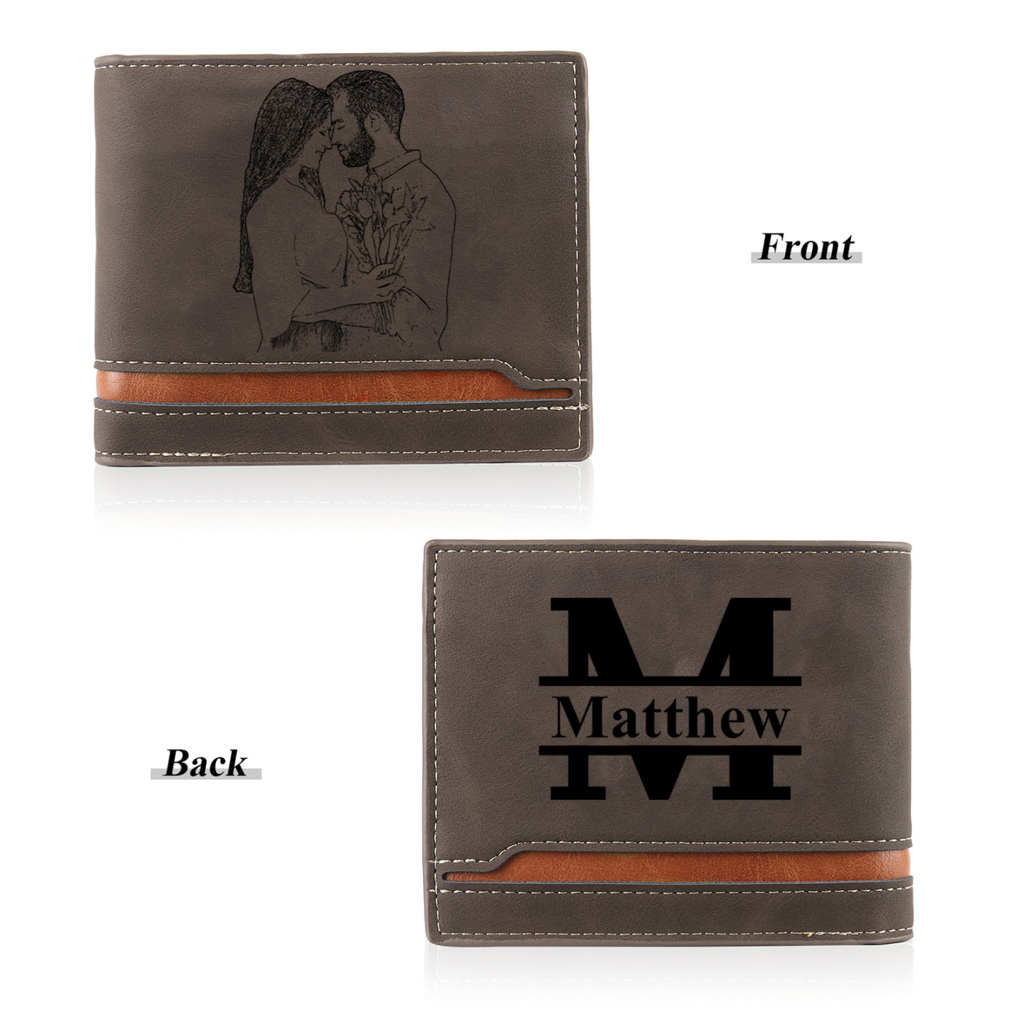 Coffret Cadeau 3PCS - Portefeuille cuir PU Stylo et Porte-Clés 1 Prénom et Lettre Personnalisés avec 2 Textes et 2 Photos Coffret Cadeau pour Homme | Jessemade