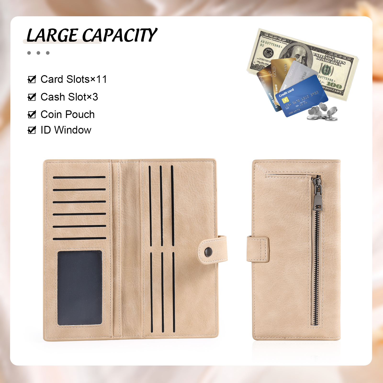 Portefeuille long en cuir PU 1 Nom personnalisé avec fleur de naissance Cadeau pour femme | Jessemade