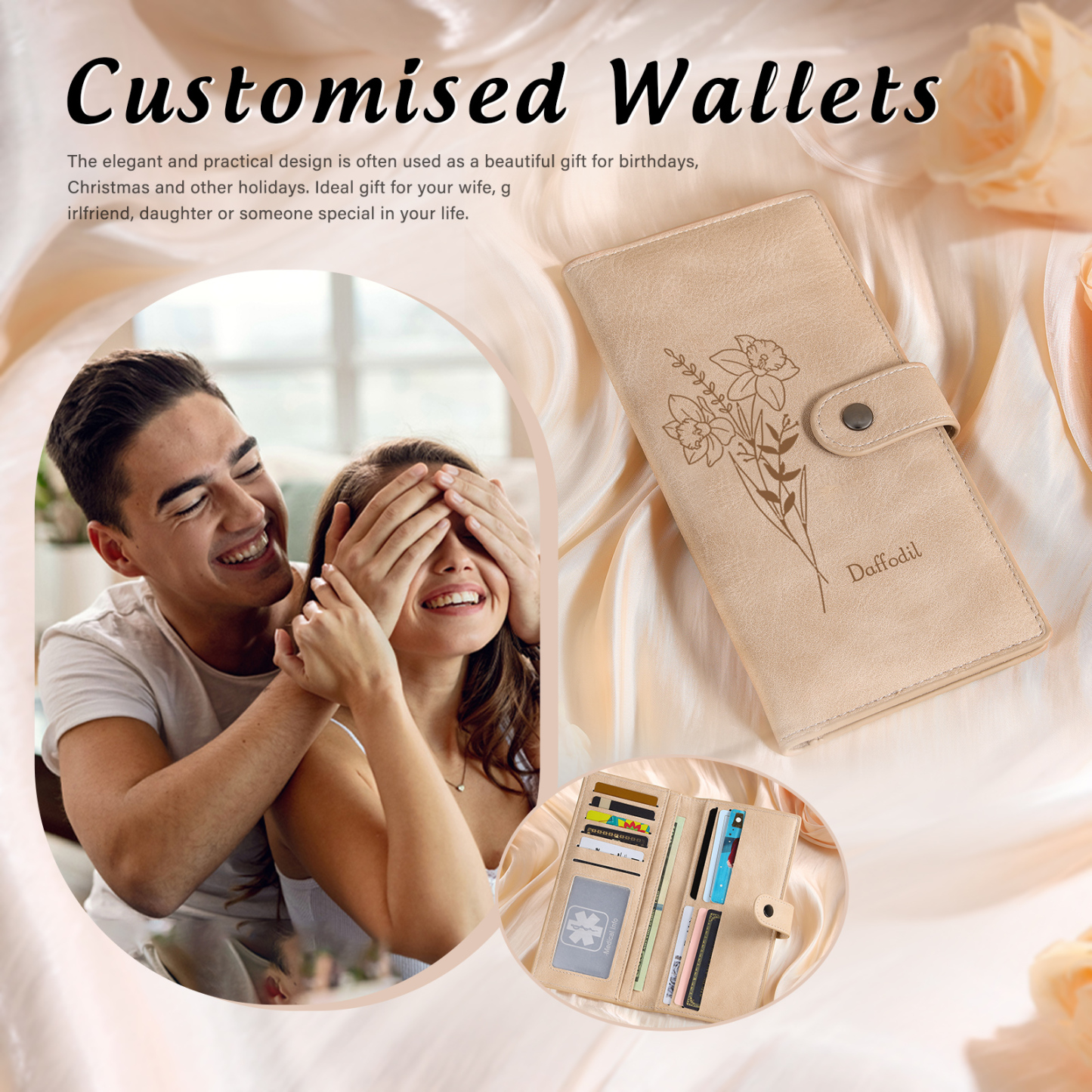 Portefeuille long en cuir PU 1 Nom personnalisé avec fleur de naissance Cadeau pour femme | Jessemade