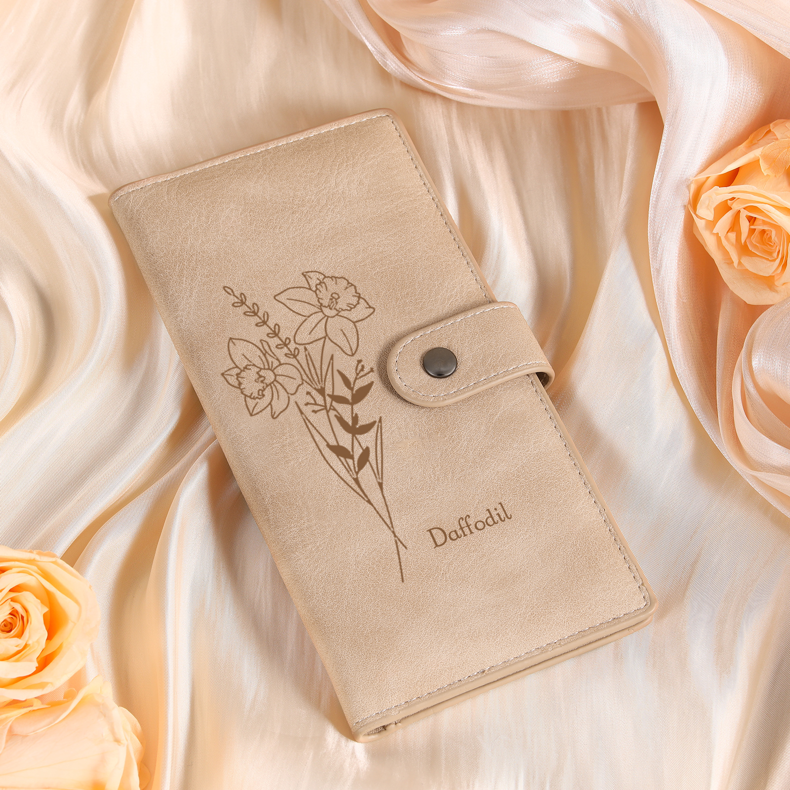 Portefeuille long en cuir PU 1 Nom personnalisé avec fleur de naissance Cadeau pour femme | Jessemade