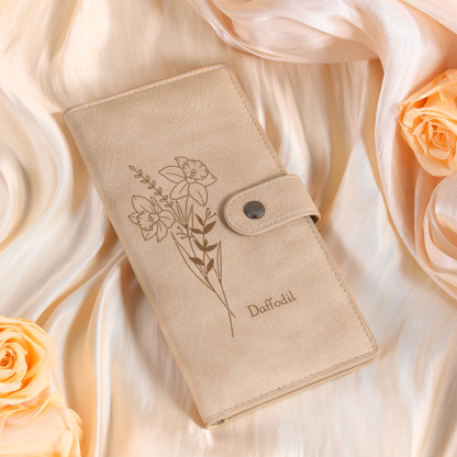 Portefeuille long en cuir PU 1 Nom personnalisé avec fleur de naissance Cadeau pour femme | Jessemade