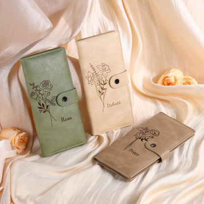 Portefeuille long en cuir PU 1 Nom personnalisé avec fleur de naissance Cadeau pour femme | Jessemade