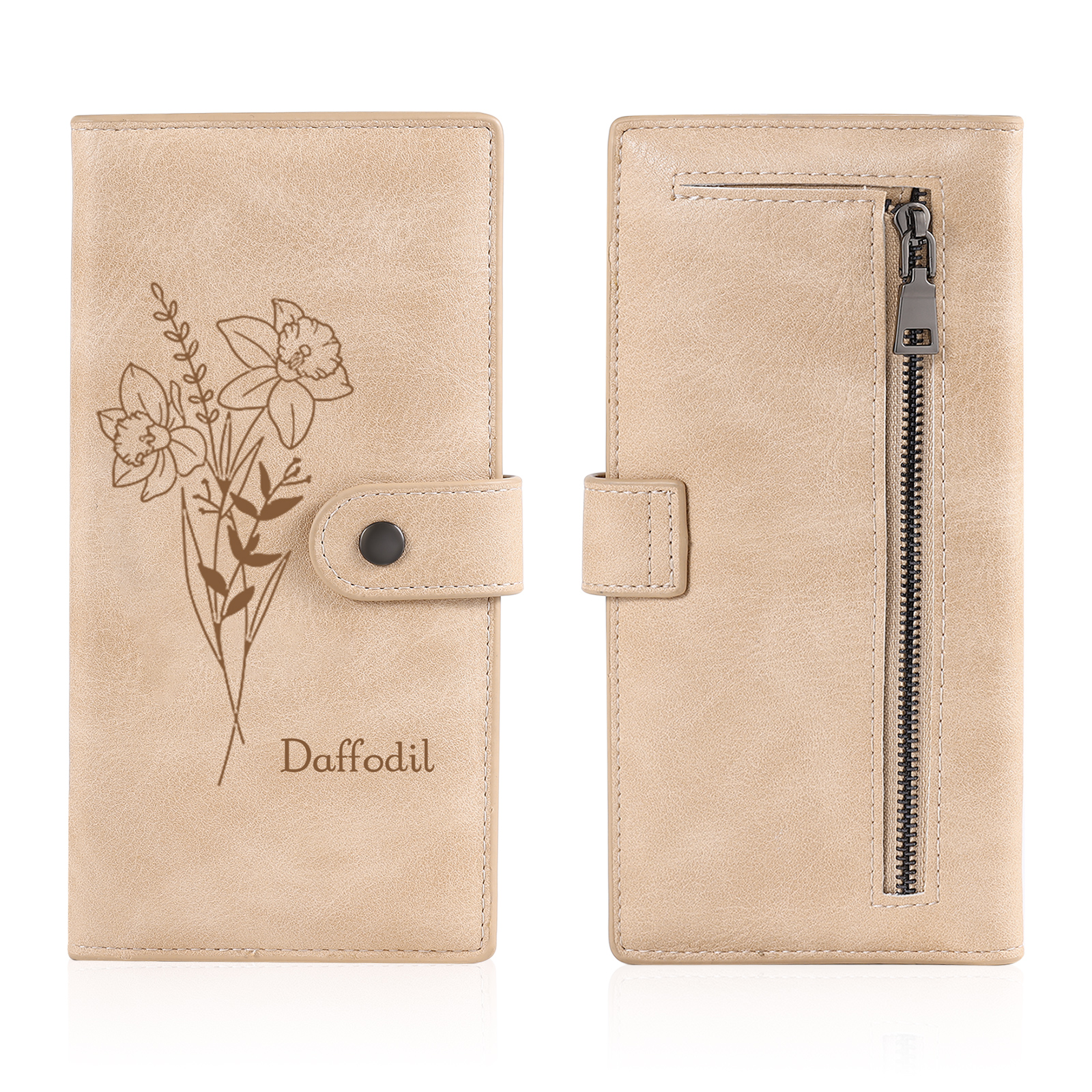 Portefeuille long en cuir PU 1 Nom personnalisé avec fleur de naissance Cadeau pour femme | Jessemade