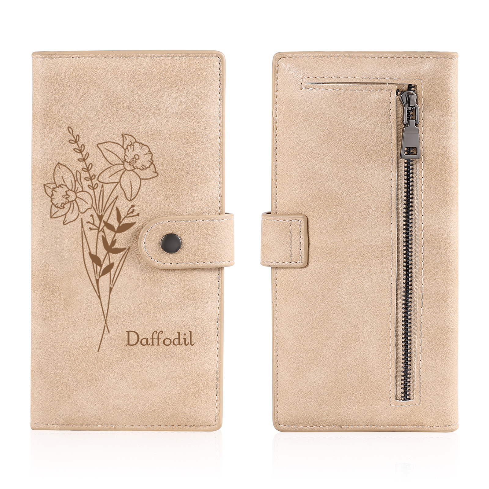 Portefeuille long en cuir PU 1 Nom personnalisé avec fleur de naissance Cadeau pour femme | Jessemade