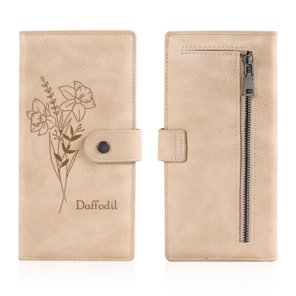 Portefeuille long en cuir PU 1 Nom personnalisé avec fleur de naissance Cadeau pour femme | Jessemade