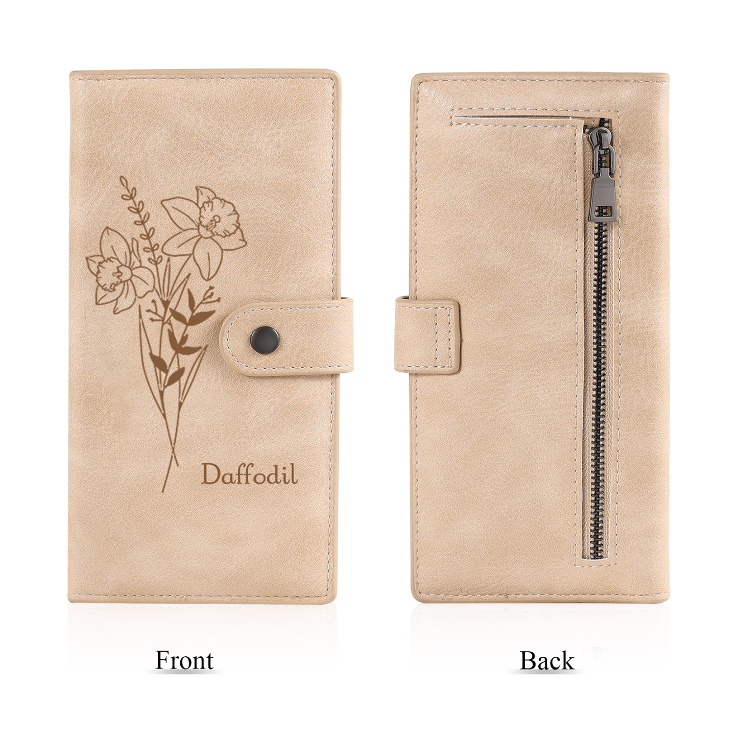 Portefeuille long en cuir PU 1 Nom personnalisé avec fleur de naissance Cadeau pour femme | Jessemade