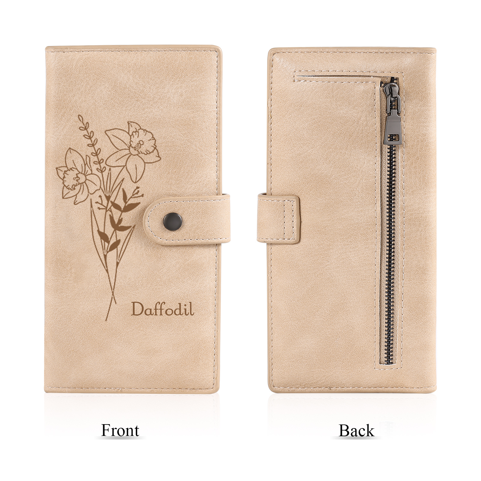 Portefeuille long en cuir PU 1 Nom personnalisé avec fleur de naissance Cadeau pour femme | Jessemade