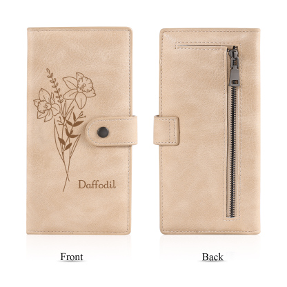 Portefeuille long en cuir PU 1 Nom personnalisé avec fleur de naissance Cadeau pour femme | Jessemade