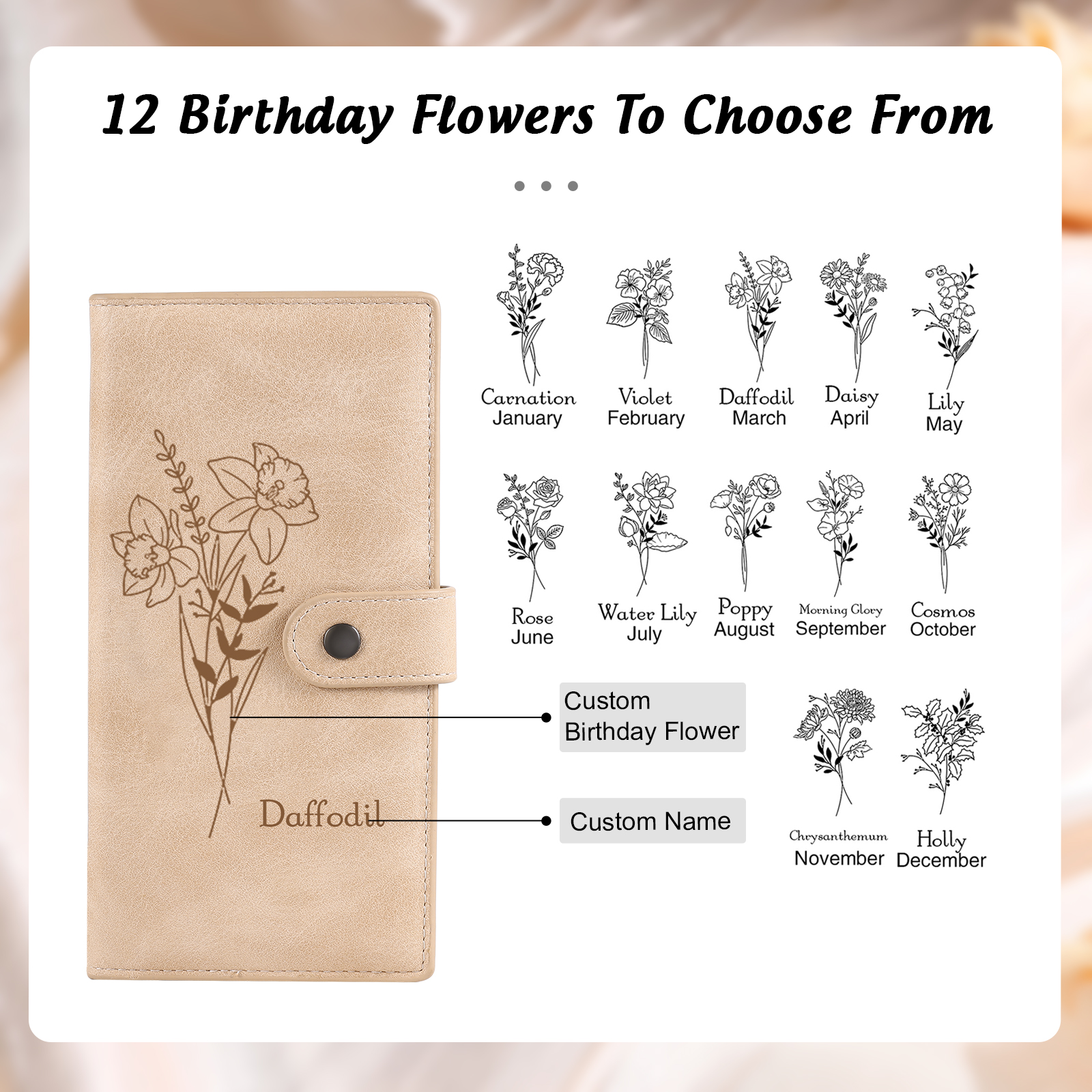 Portefeuille long en cuir PU 1 Nom personnalisé avec fleur de naissance Cadeau pour femme | Jessemade