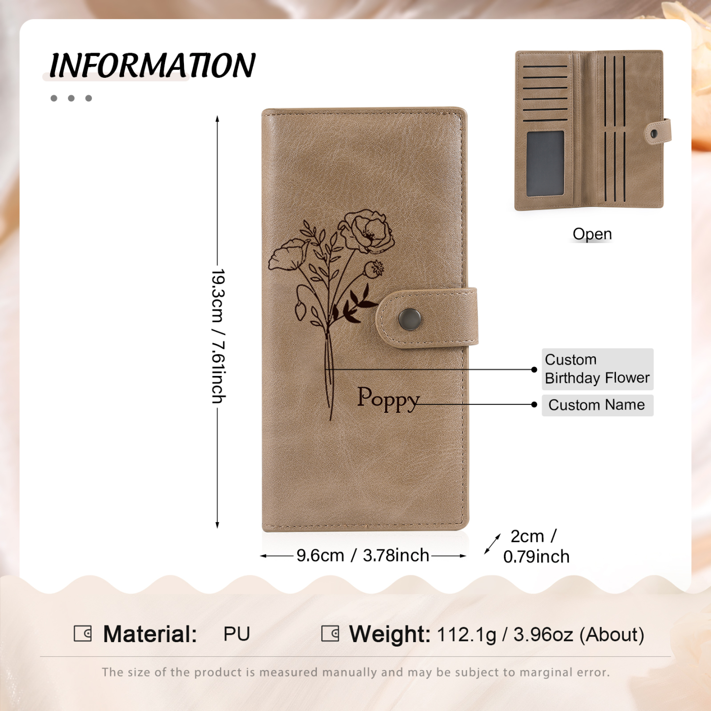 Portefeuille long en cuir PU 1 Nom personnalisé avec fleur de naissance Cadeau pour femme | Jessemade