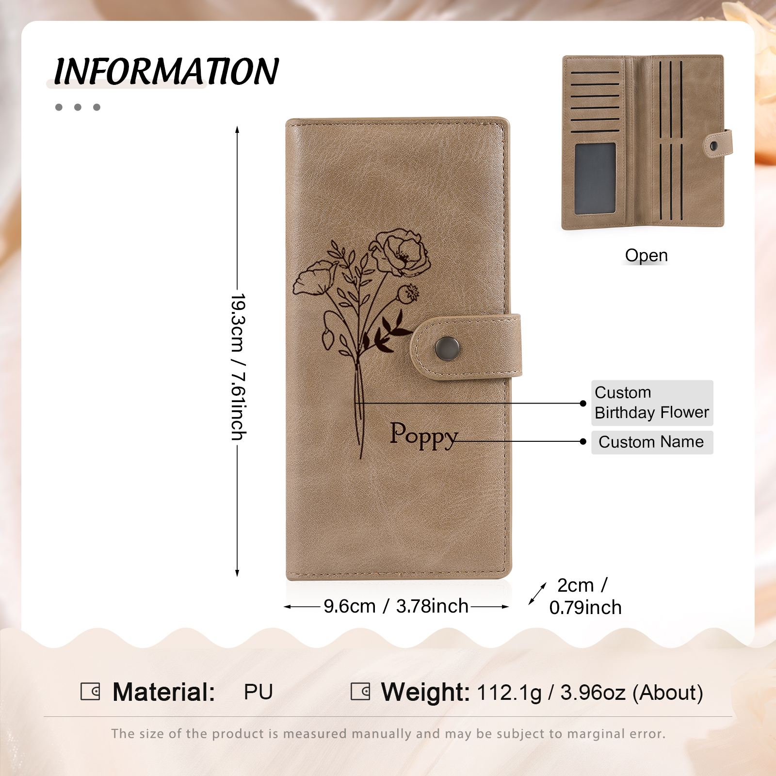 Portefeuille long en cuir PU 1 Nom personnalisé avec fleur de naissance Cadeau pour femme | Jessemade