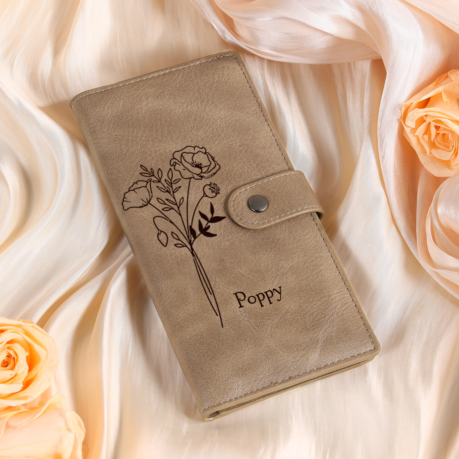 Portefeuille long en cuir PU 1 Nom personnalisé avec fleur de naissance Cadeau pour femme | Jessemade