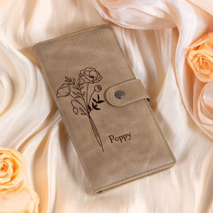 Portefeuille long en cuir PU 1 Nom personnalisé avec fleur de naissance Cadeau pour femme | Jessemade
