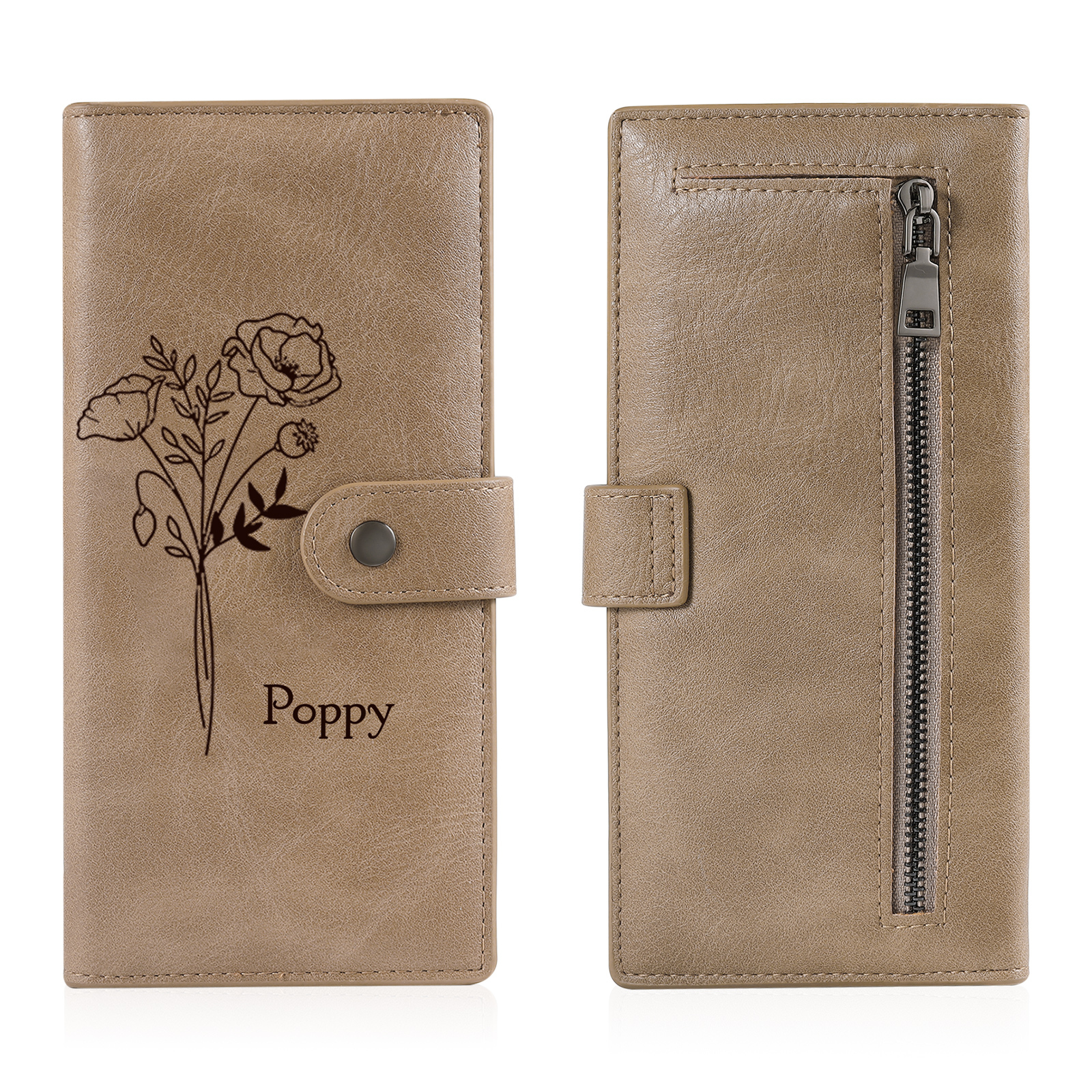 Portefeuille long en cuir PU 1 Nom personnalisé avec fleur de naissance Cadeau pour femme | Jessemade