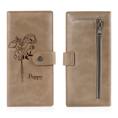 Portefeuille long en cuir PU 1 Nom personnalisé avec fleur de naissance Cadeau pour femme | Jessemade