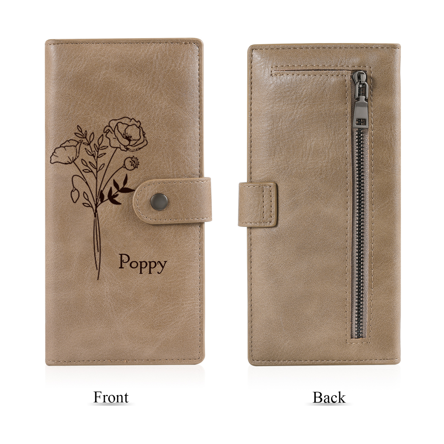 Portefeuille long en cuir PU 1 Nom personnalisé avec fleur de naissance Cadeau pour femme | Jessemade