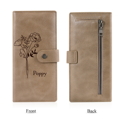 Portefeuille long en cuir PU 1 Nom personnalisé avec fleur de naissance Cadeau pour femme | Jessemade