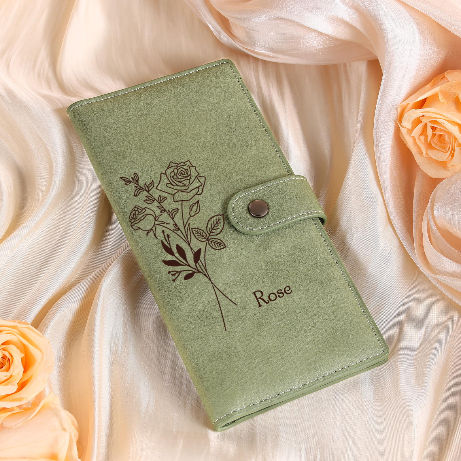 Portefeuille long en cuir PU 1 Nom personnalisé avec fleur de naissance Cadeau pour femme | Jessemade