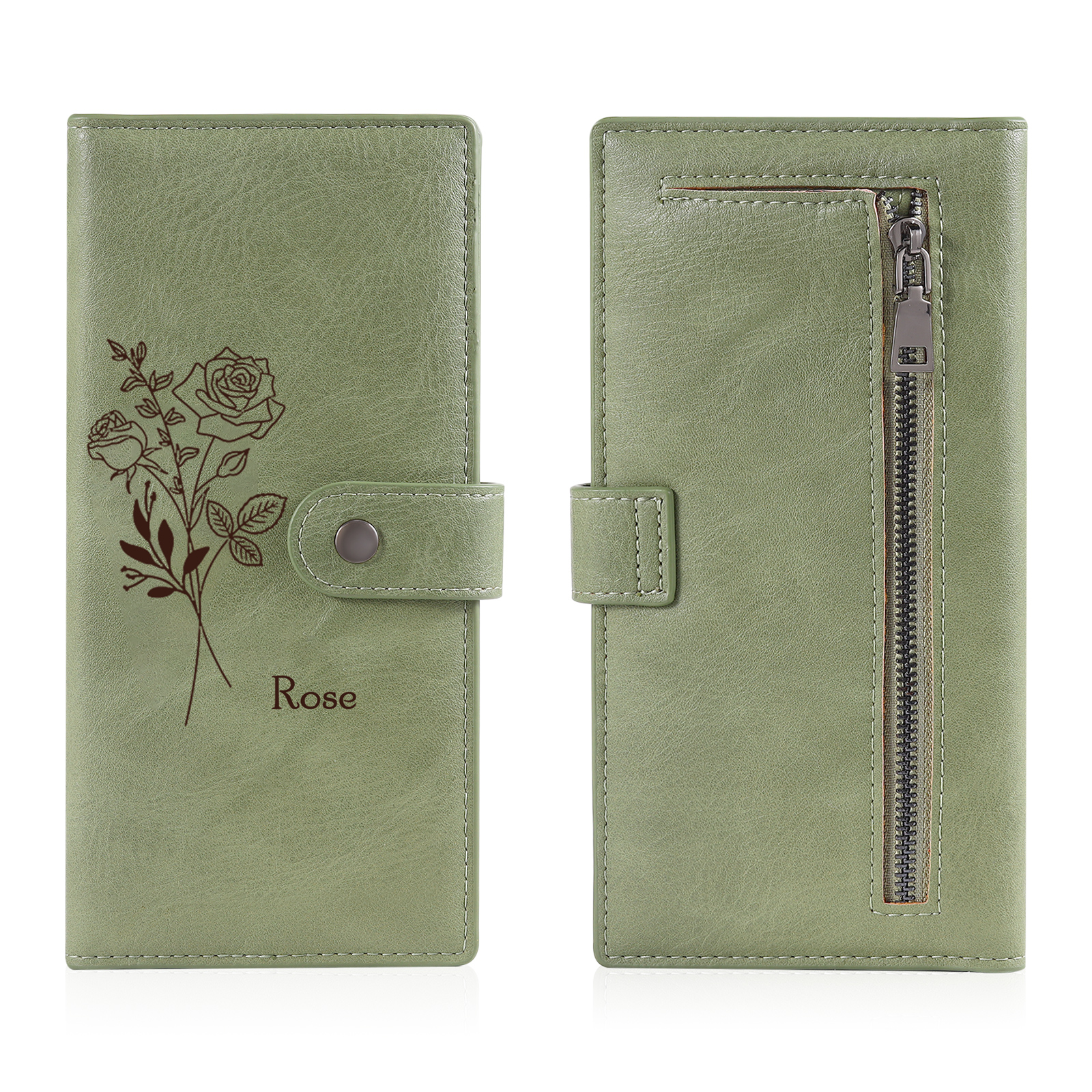 Portefeuille long en cuir PU 1 Nom personnalisé avec fleur de naissanc