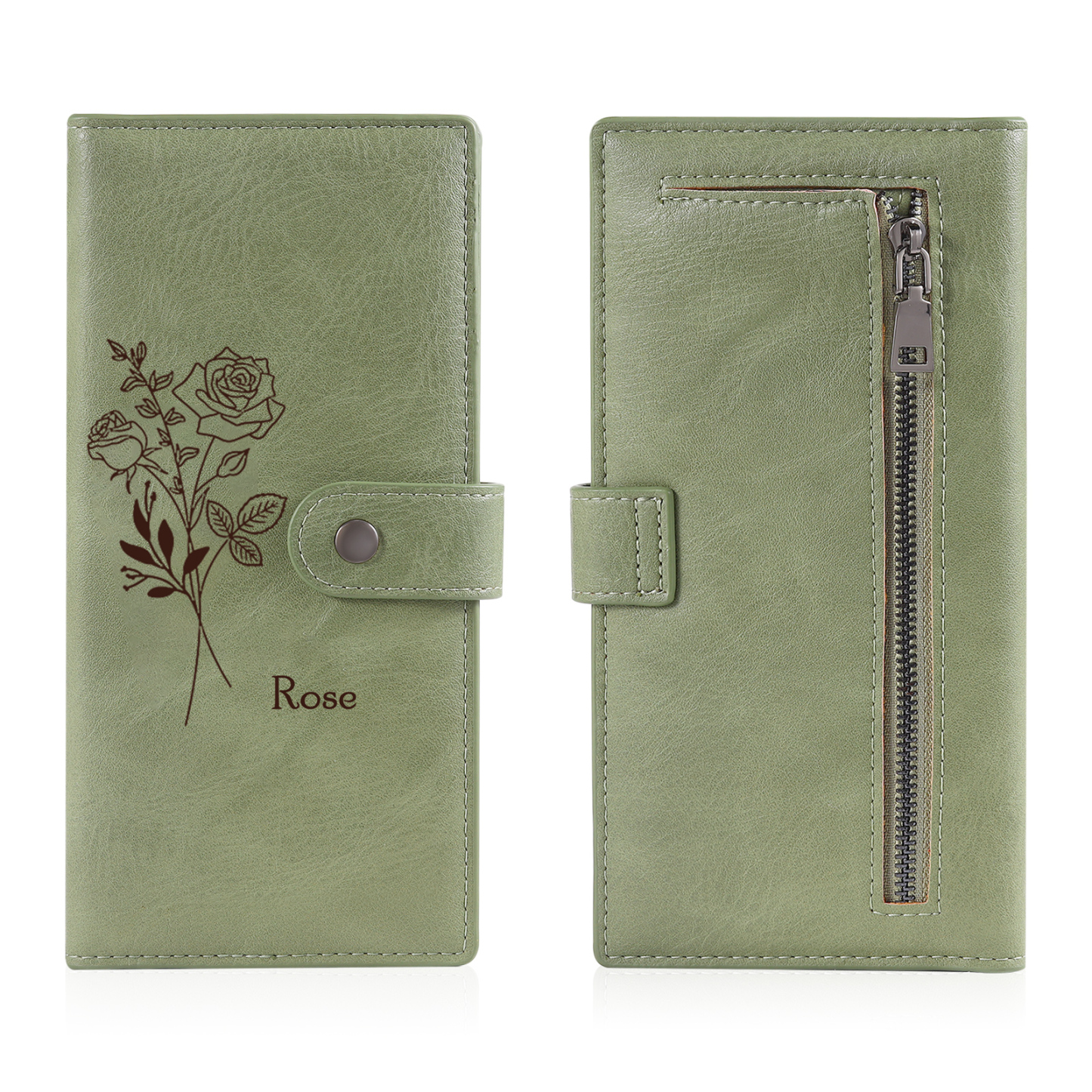 Portefeuille long en cuir PU 1 Nom personnalisé avec fleur de naissanc