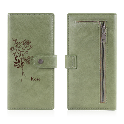 Portefeuille long en cuir PU 1 Nom personnalisé avec fleur de naissanc