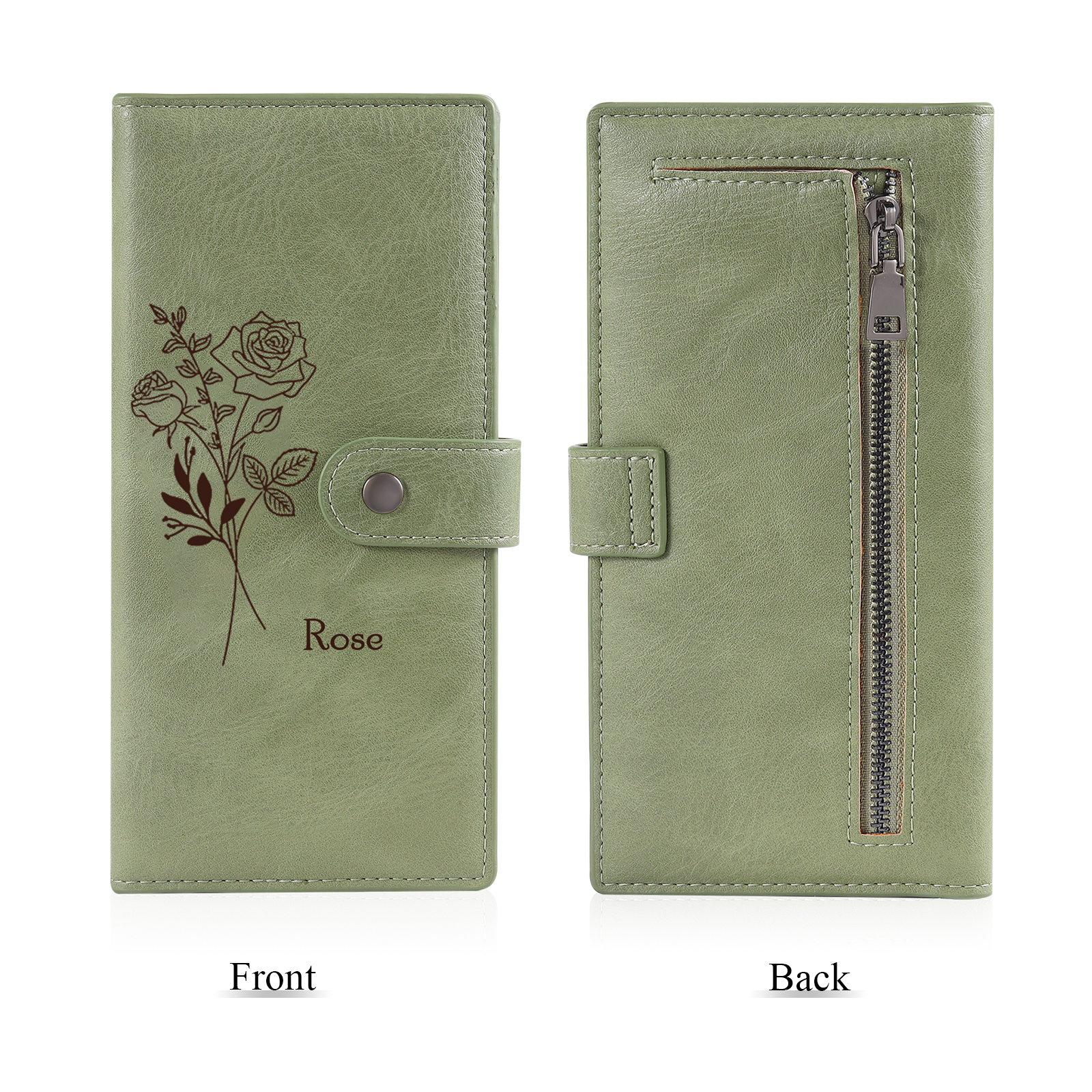 Portefeuille long en cuir PU 1 Nom personnalisé avec fleur de naissance Cadeau pour femme | Jessemade