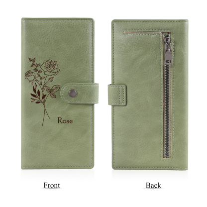 Portefeuille long en cuir PU 1 Nom personnalisé avec fleur de naissance Cadeau pour femme | Jessemade