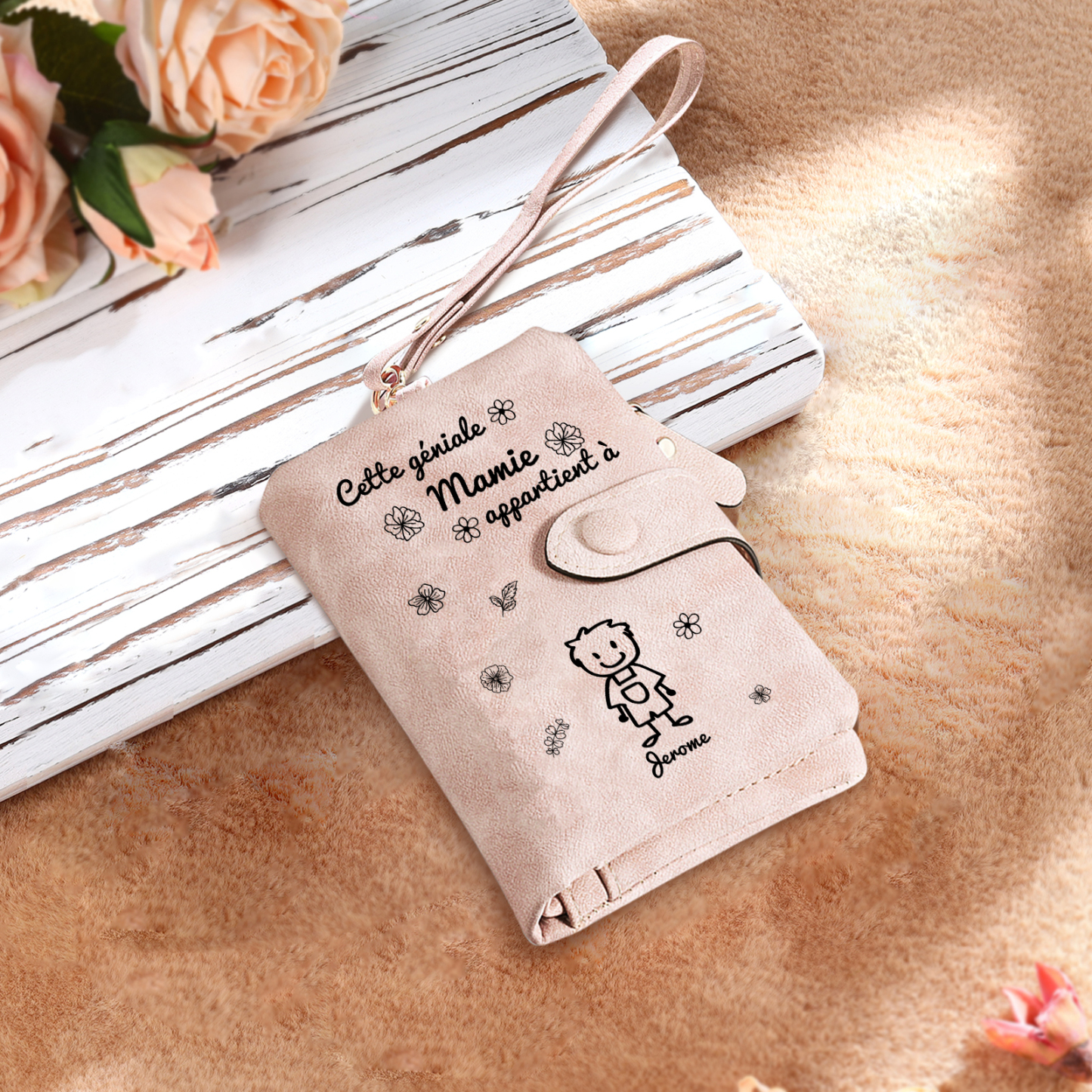 À Mamie - 3PCS - Portefeuille et Porte-Clés 1-5 Prénoms et Enfants Personnalisés avec Carte et Coffret | Jessemade