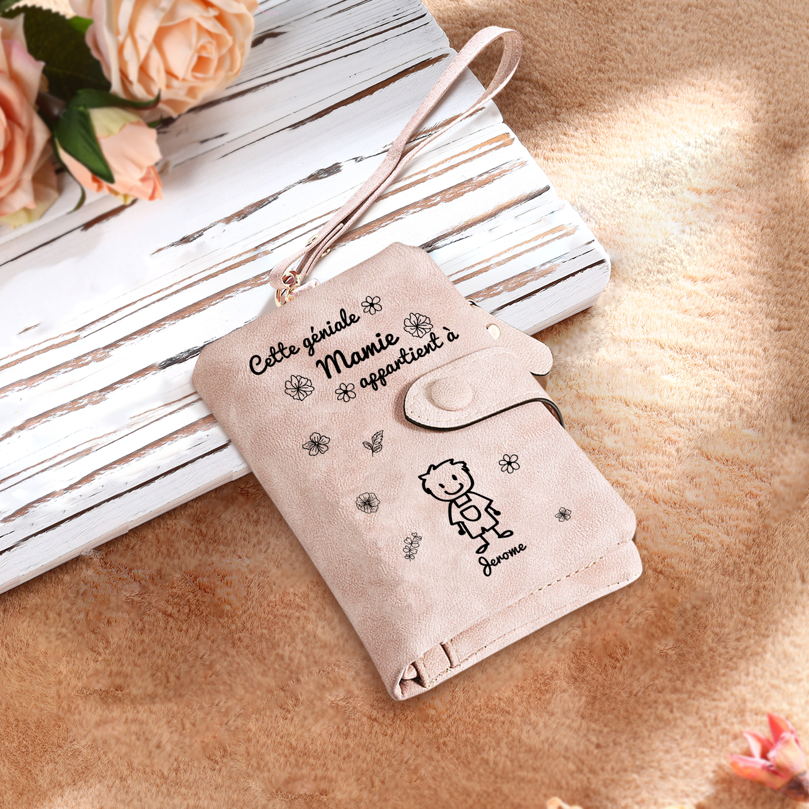 À Mamie - 3PCS - Portefeuille et Porte-Clés 1-5 Prénoms et Enfants Personnalisés avec Carte et Coffret | Jessemade