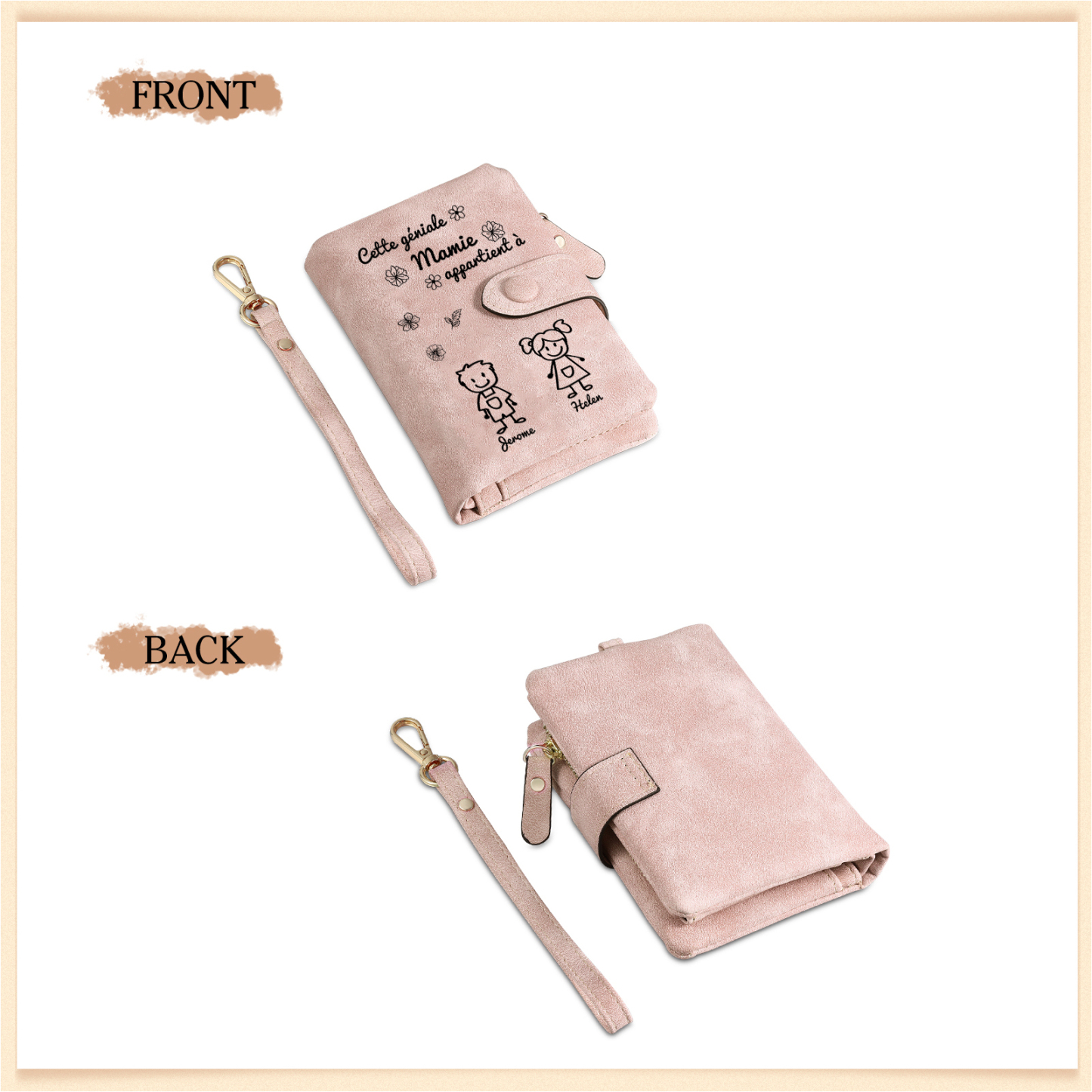 À Mamie Portefeuille Personnalisé avec 2 Prénoms Porte-Monnaie Carte Rose pour Mamie | Jessemade