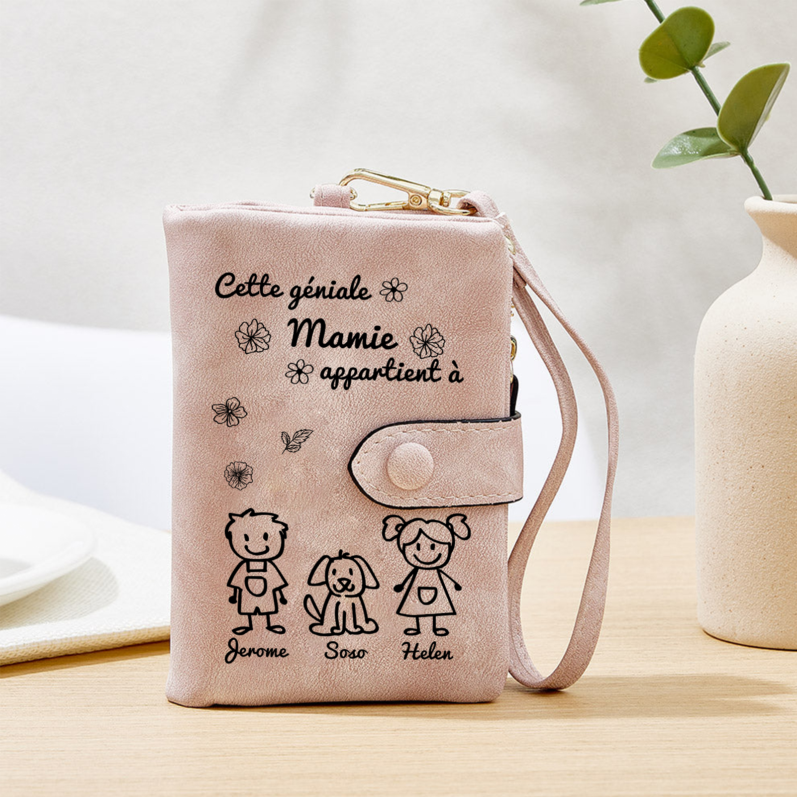 À Mamie Portefeuille Personnalisé avec 3 Prénoms Porte-Monnaie Carte Rose pour Mamie | Jessemade