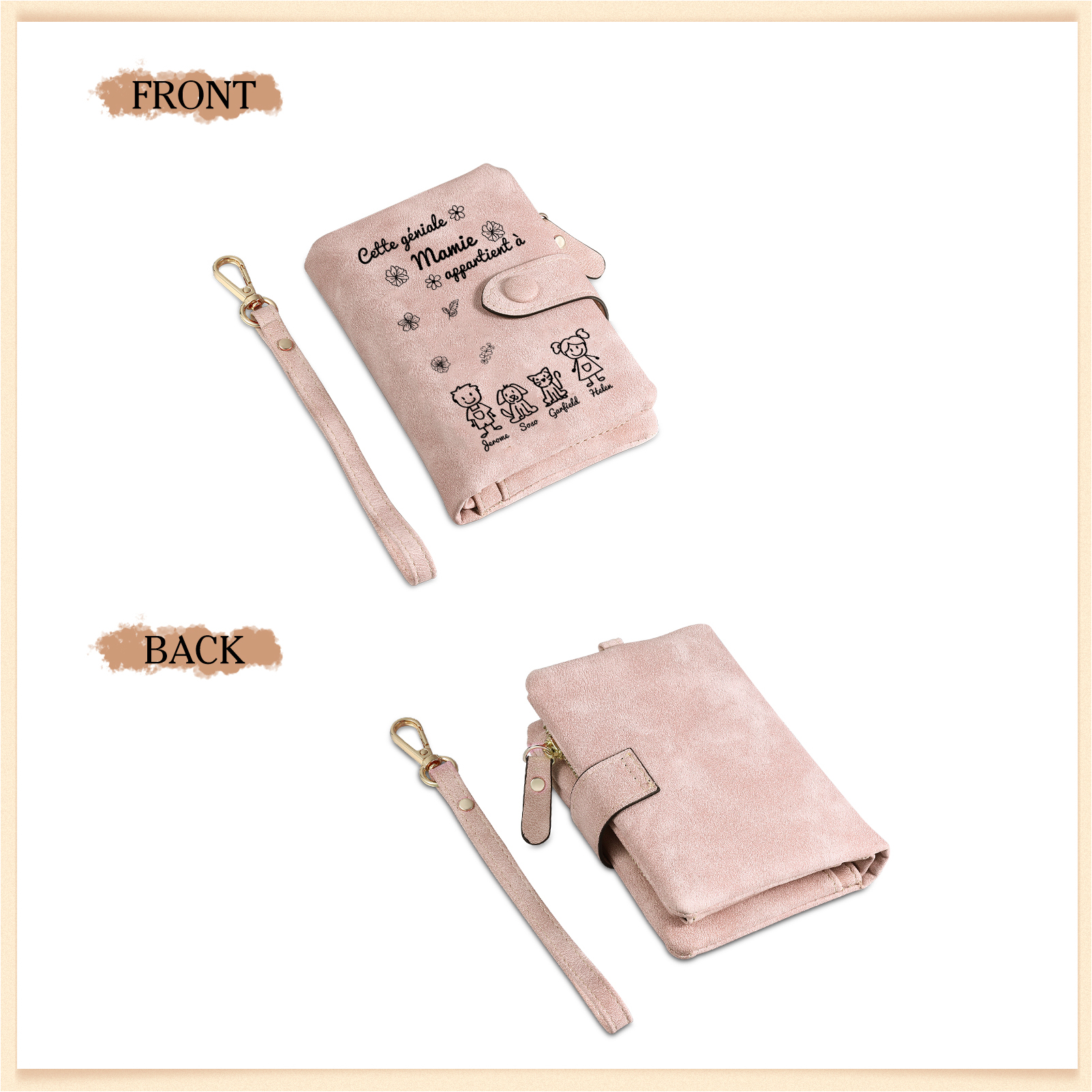 À Mamie Portefeuille Personnalisé avec 4 Prénoms Porte-Monnaie Carte Rose pour Mamie | Jessemade