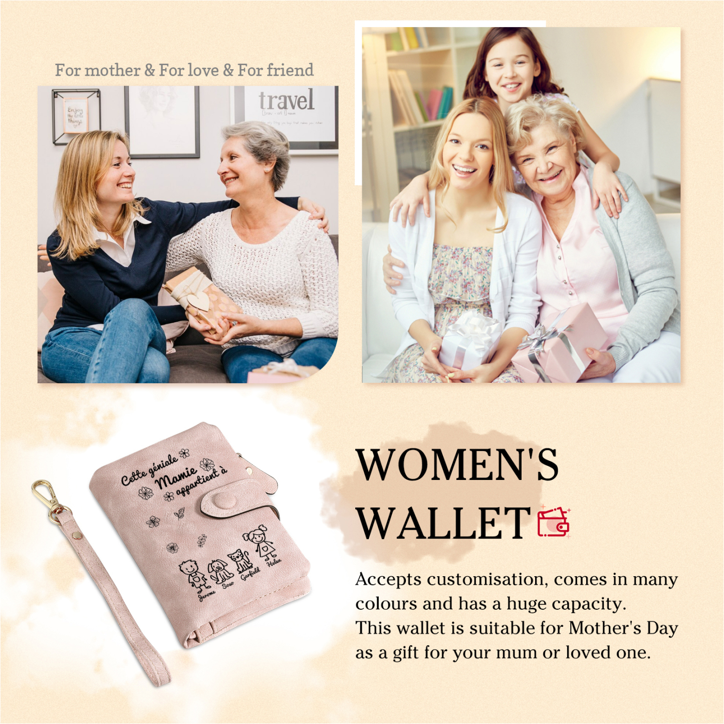 À Mamie Portefeuille Personnalisé avec 4 Prénoms Porte-Monnaie Carte Rose pour Mamie | Jessemade