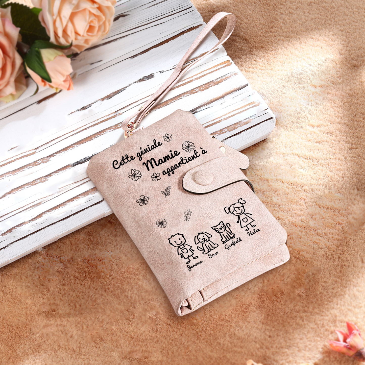 À Mamie Portefeuille Personnalisé avec 4 Prénoms Porte-Monnaie Carte Rose pour Mamie | Jessemade