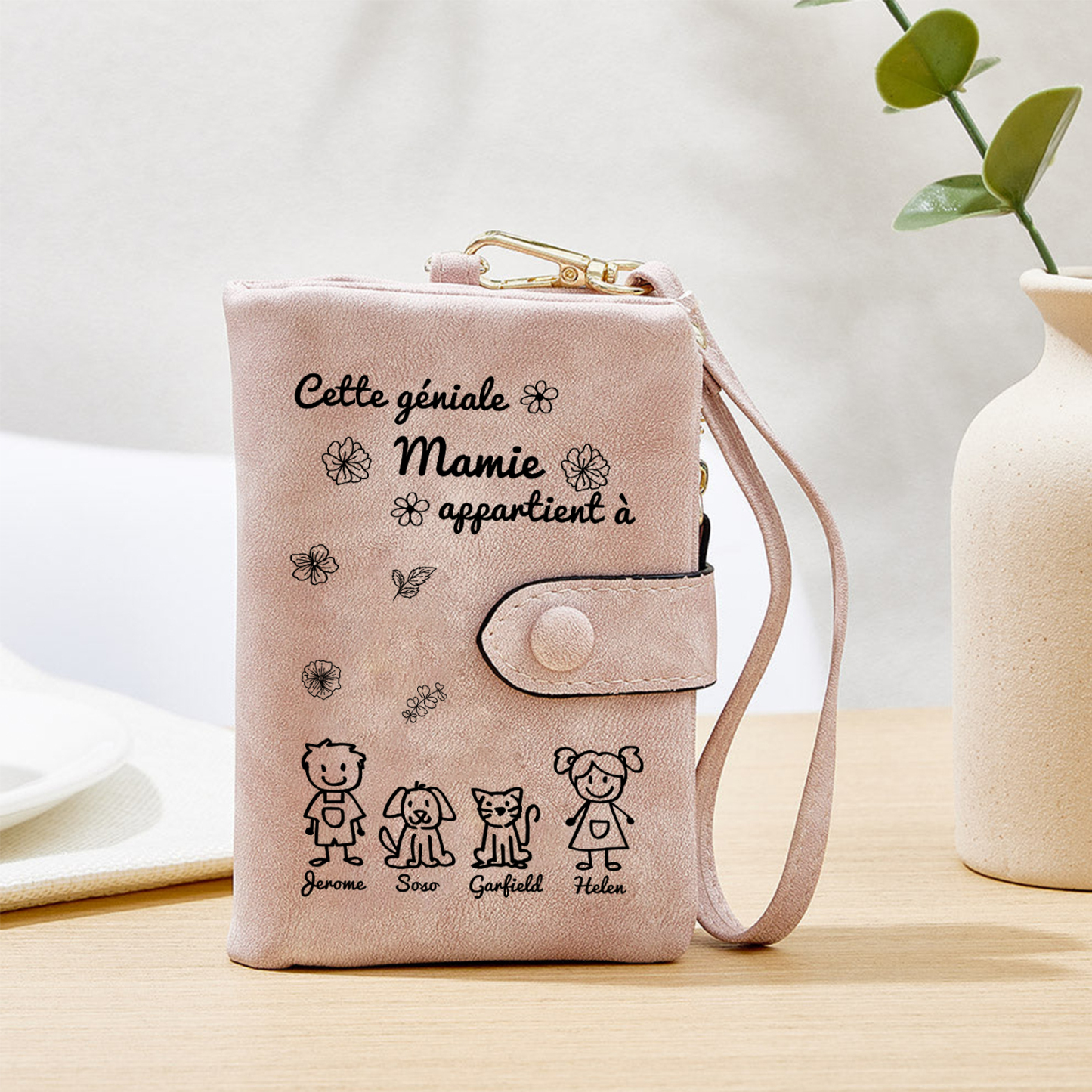 À Mamie Portefeuille Personnalisé avec 4 Prénoms Porte-Monnaie Carte Rose pour Mamie | Jessemade