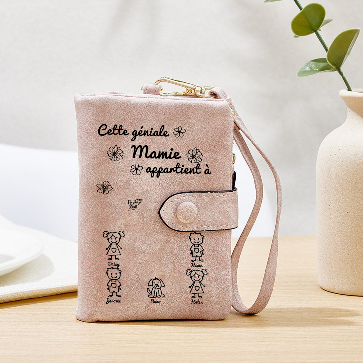 À Mamie Portefeuille Personnalisé avec 5 Prénoms Porte-Monnaie Carte Rose pour Mamie | Jessemade