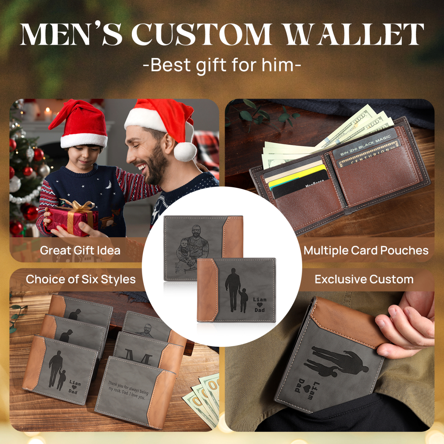 Portefeuille 2 Prénoms Personnalisés avec Photo Classique Homme Porte-Monnaie Carte Cadeau pour Père | Jessemade