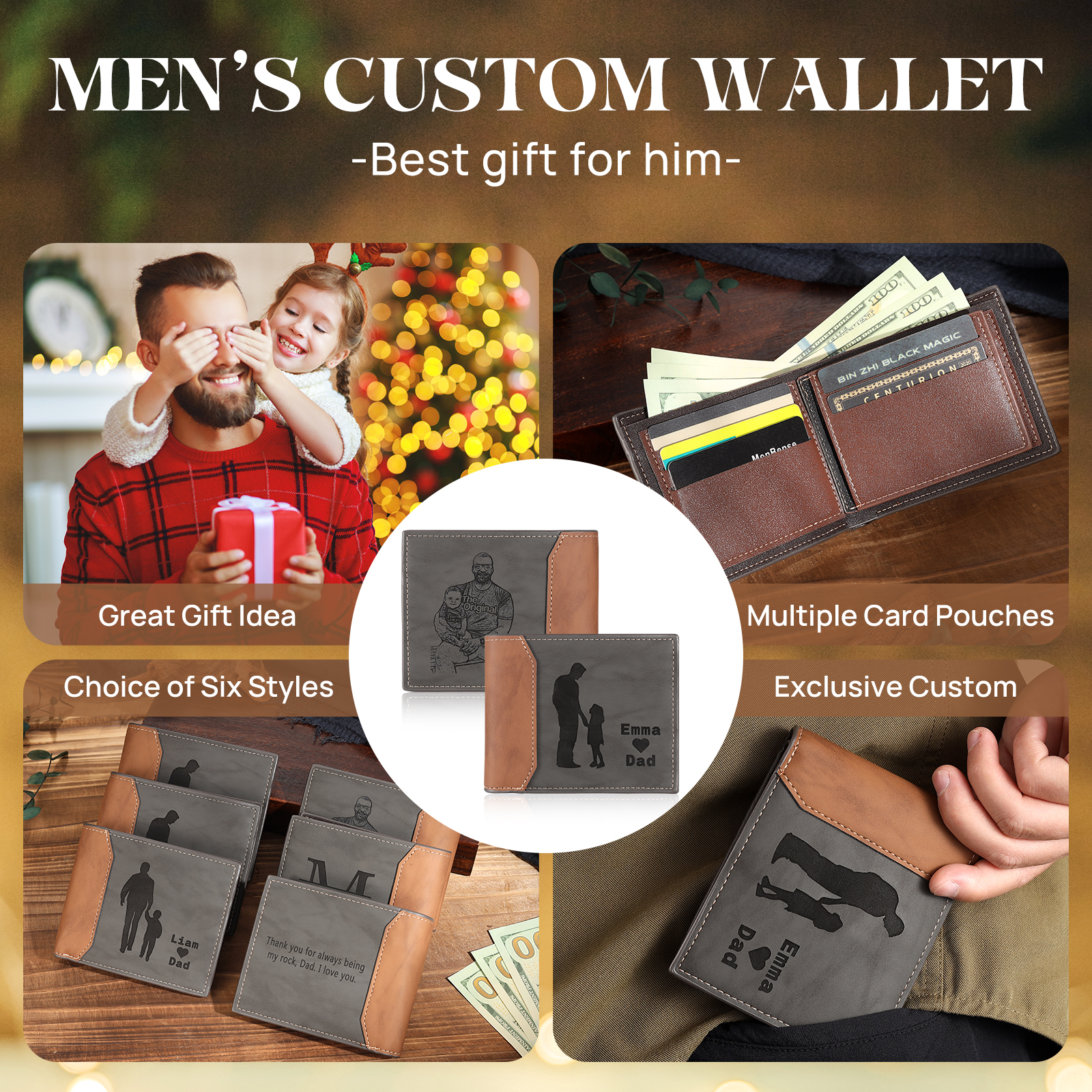 Portefeuille Papa et fille 2 Prénoms Personnalisés avec Photo Classique Homme Porte-Monnaie Carte Cadeau pour Père | Jessemade