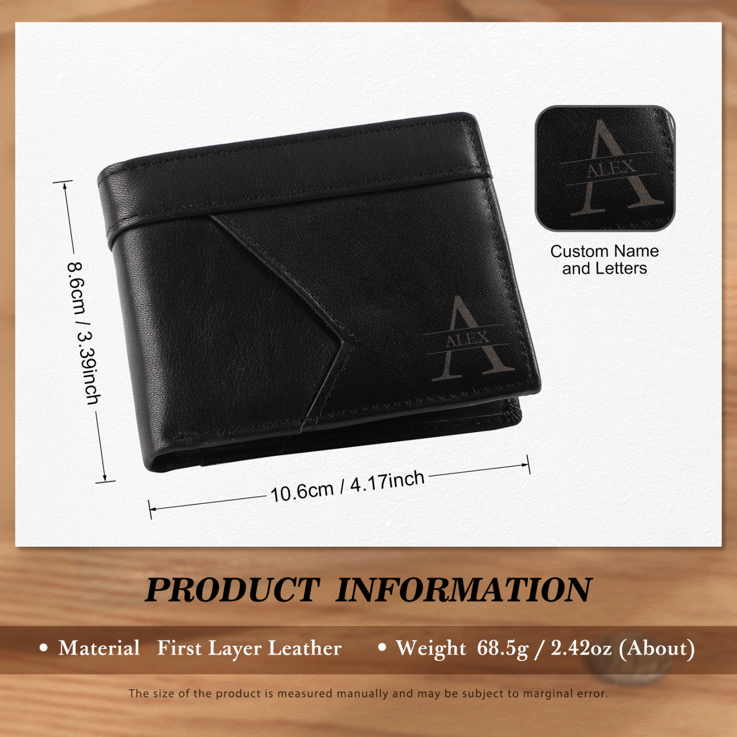 Portefeuille en Cuir Personnalisé avec 1 Prénom et 1 Initiale Cadeau Saint-Valentin pour Homme | Jessemade
