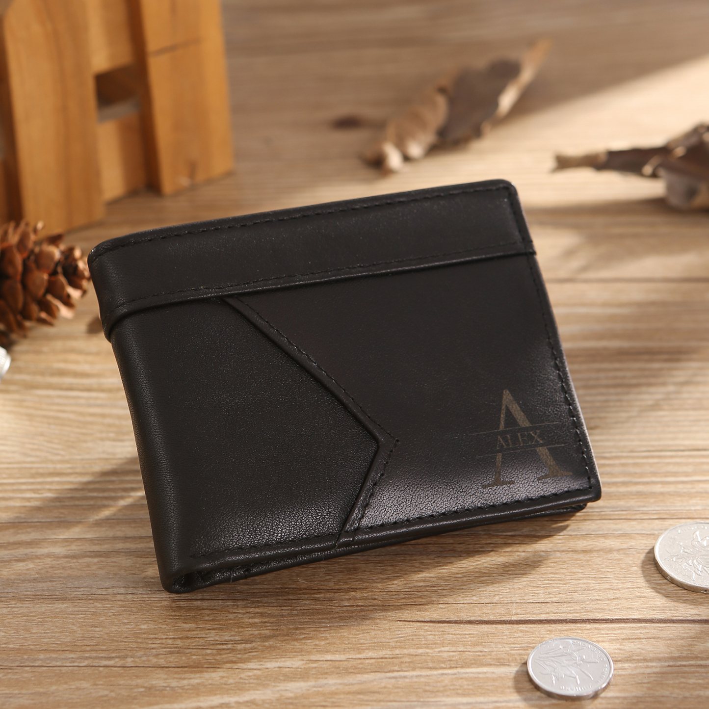 Portefeuille en Cuir Personnalisé avec 1 Prénom et 1 Initiale Cadeau Saint-Valentin pour Homme | Jessemade